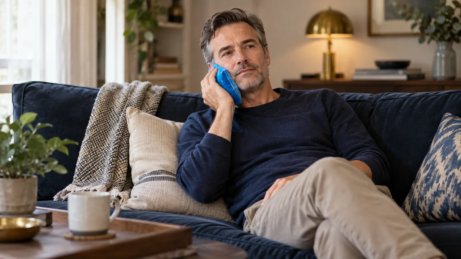 Man in a navy sweater resting on a sofa, holding a cold pack to his cheek