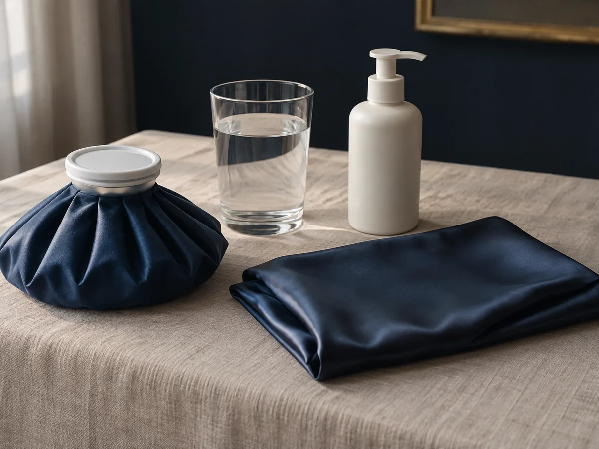 Ice bag, glass of water, pump bottle and folded satin pillowcase on a linen tablecloth