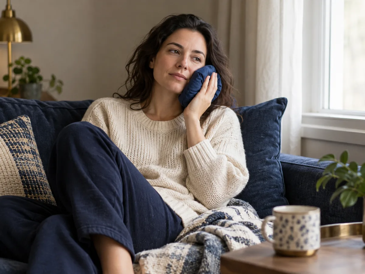 A woman on a sofa holds a cold compress to her cheek beside a mug of tea