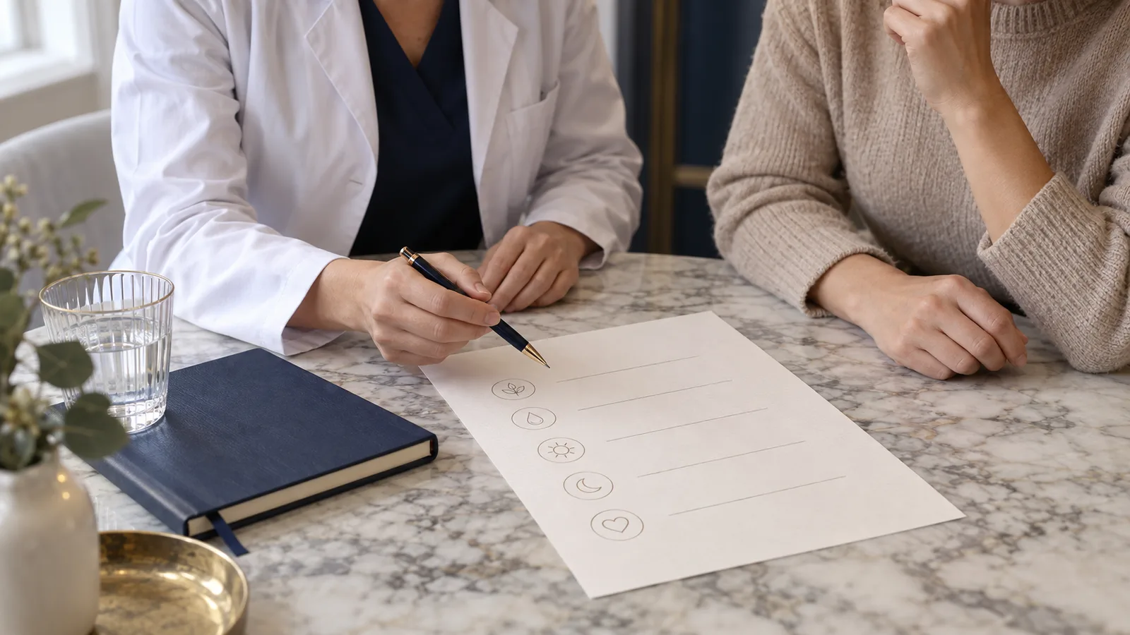 A woman in a white coat fills in a printed checklist at a marble table with another woman