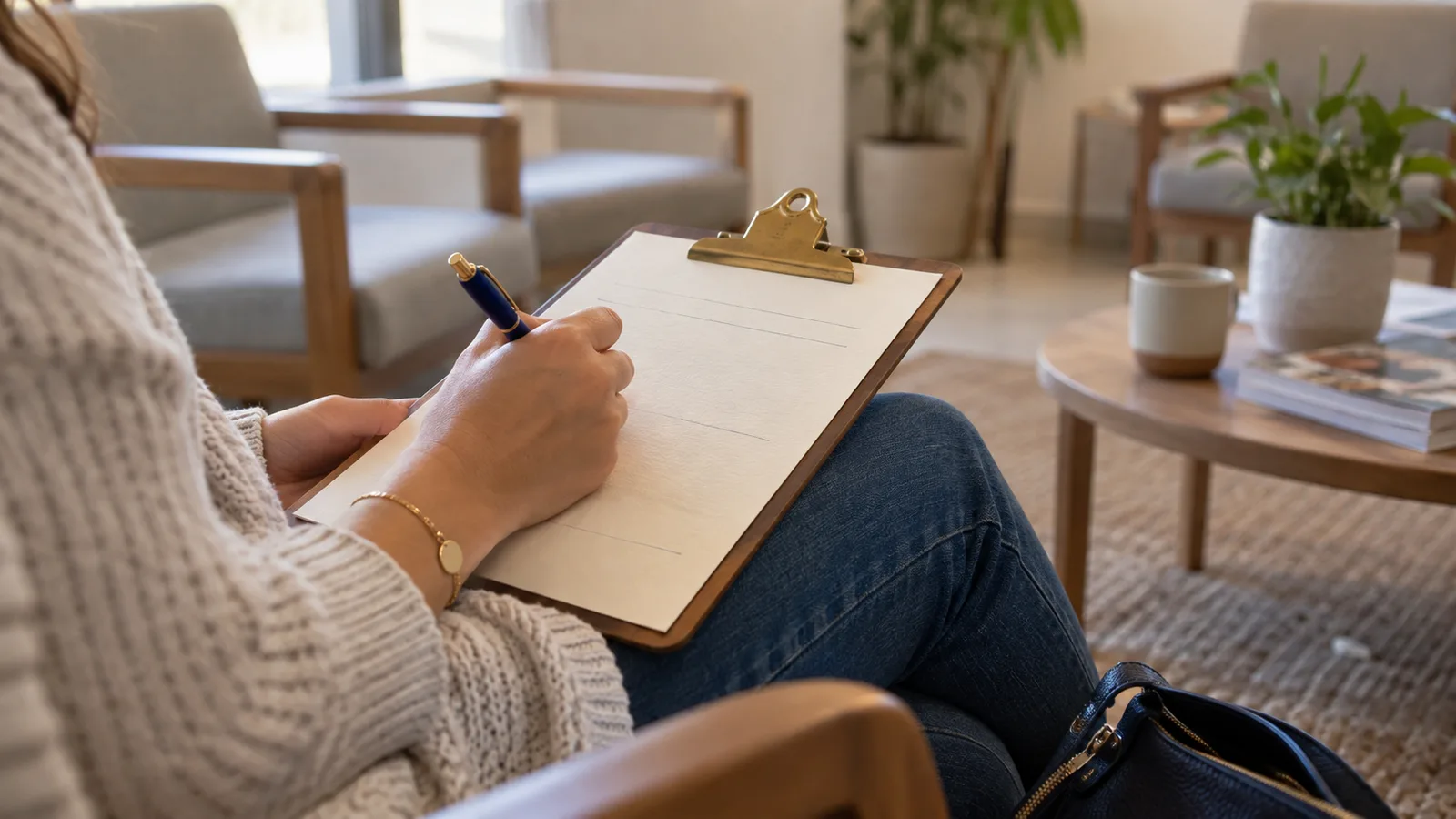 A woman writes on a clipboard on her lap in a bright waiting area