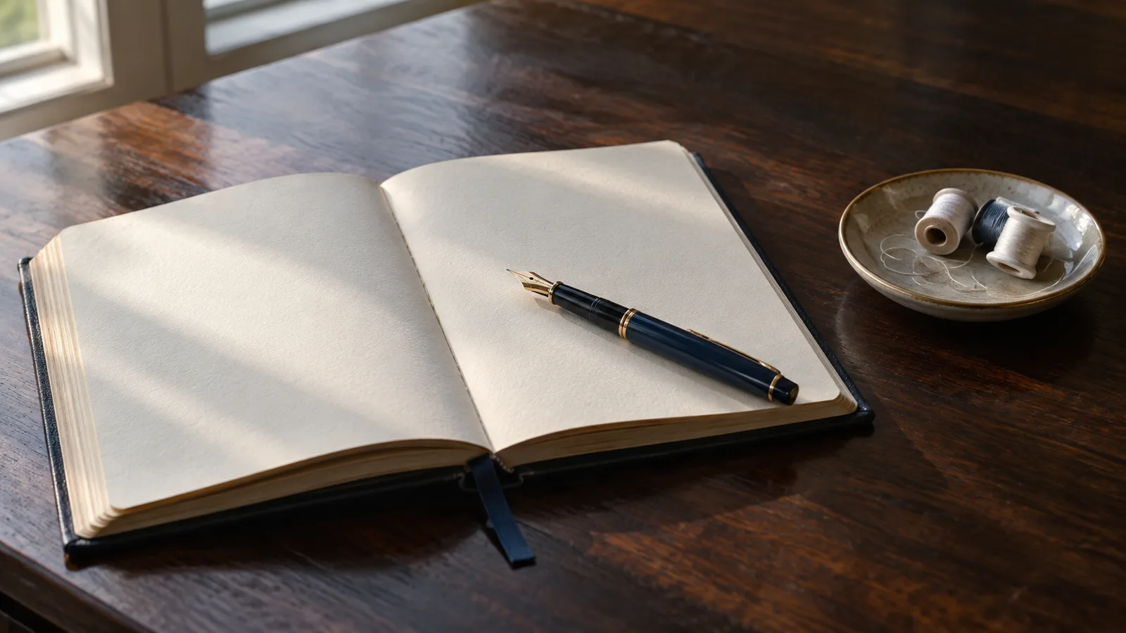 Open blank notebook and fountain pen beside a dish of thread spools on a desk