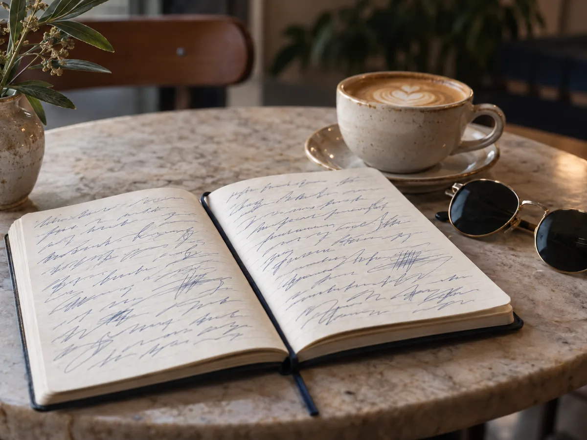 An open notebook of handwritten notes beside a cup of coffee and sunglasses on a café table