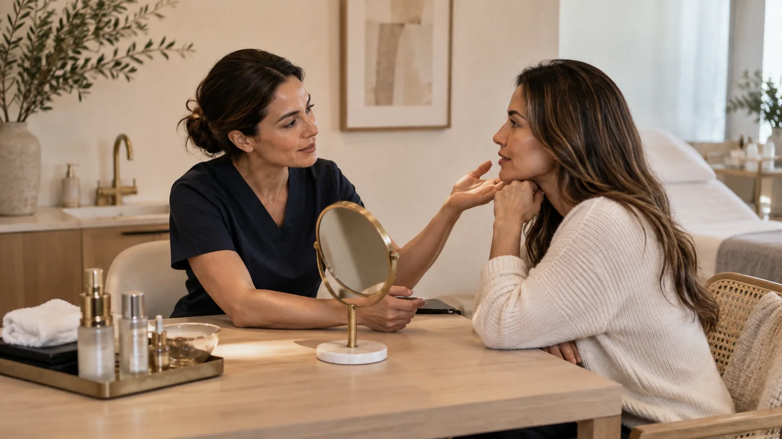 Woman in navy scrubs and a seated woman talking across a table with a round mirror