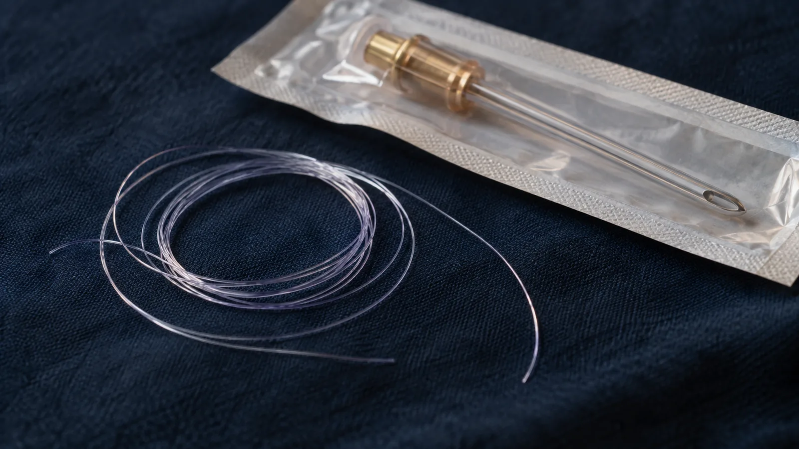 Coiled fine suture thread beside a sealed cannula package on a dark drape