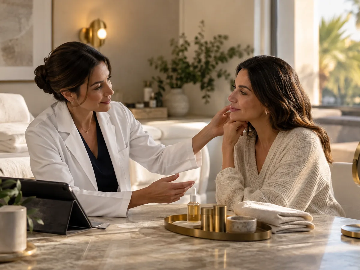 Woman in a white coat gesturing toward the jawline of a seated woman at a table