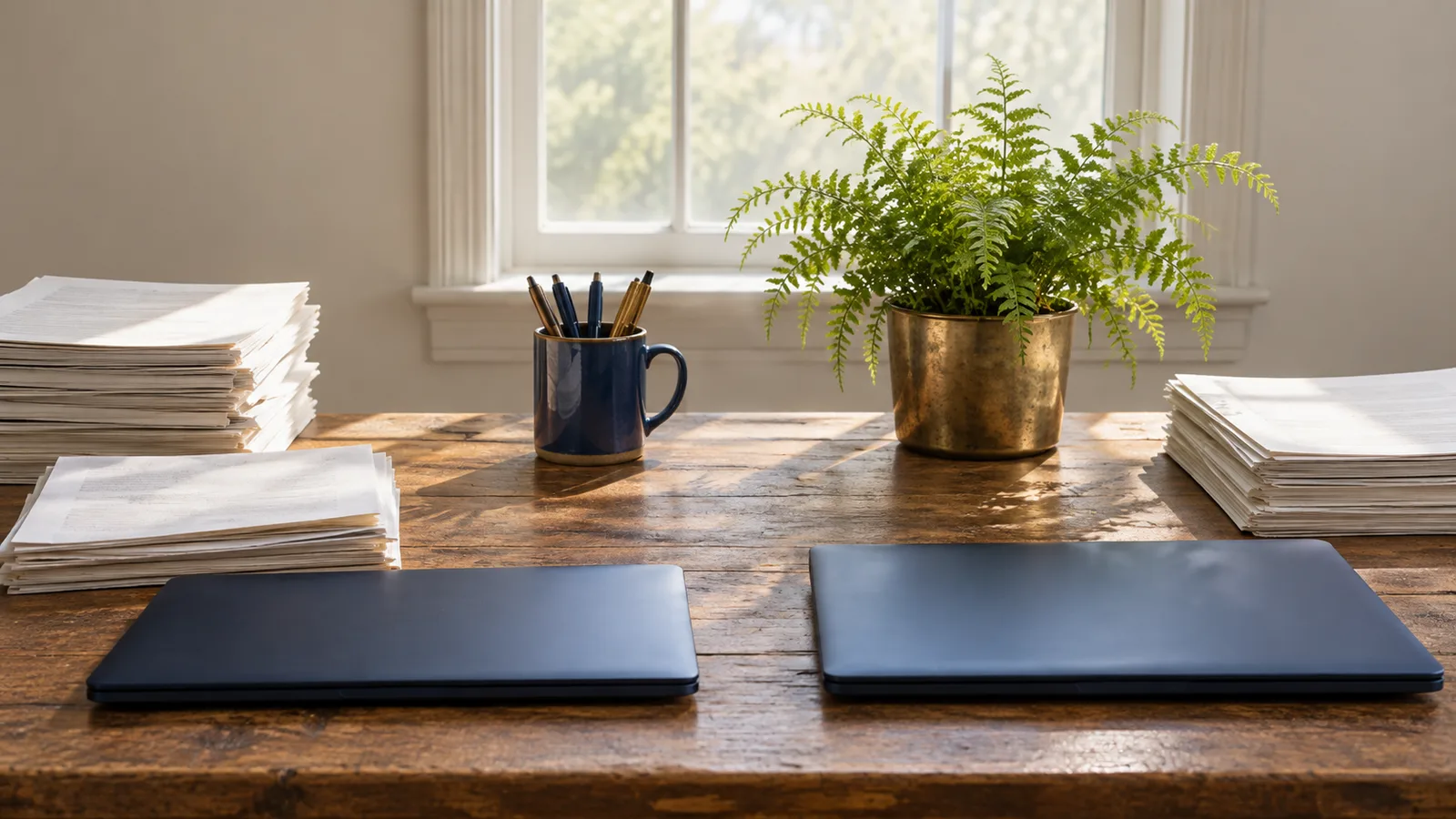 Two closed laptops, stacked papers, a mug of pens and a fern on a sunlit wooden desk