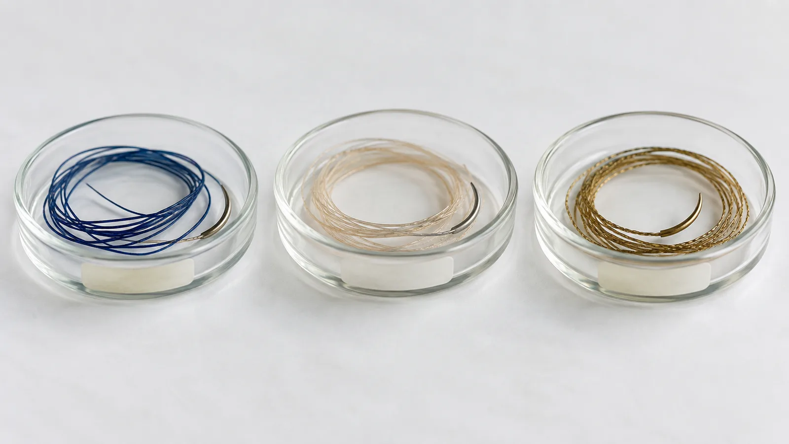 Three glass dishes holding coiled threads in blue, cream and gold on a white surface