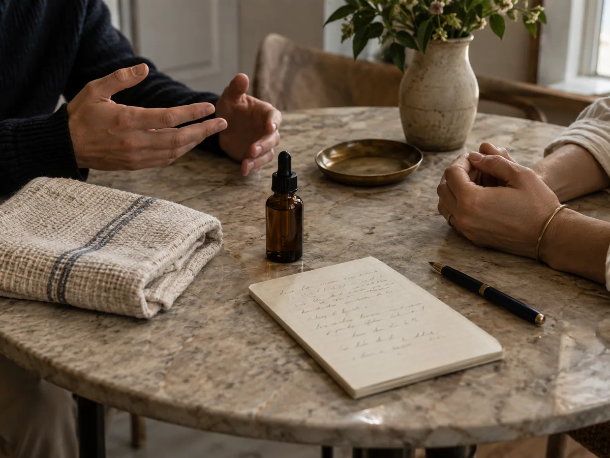 Hands resting on a marble table beside a notepad, a pen, a towel and a small bottle