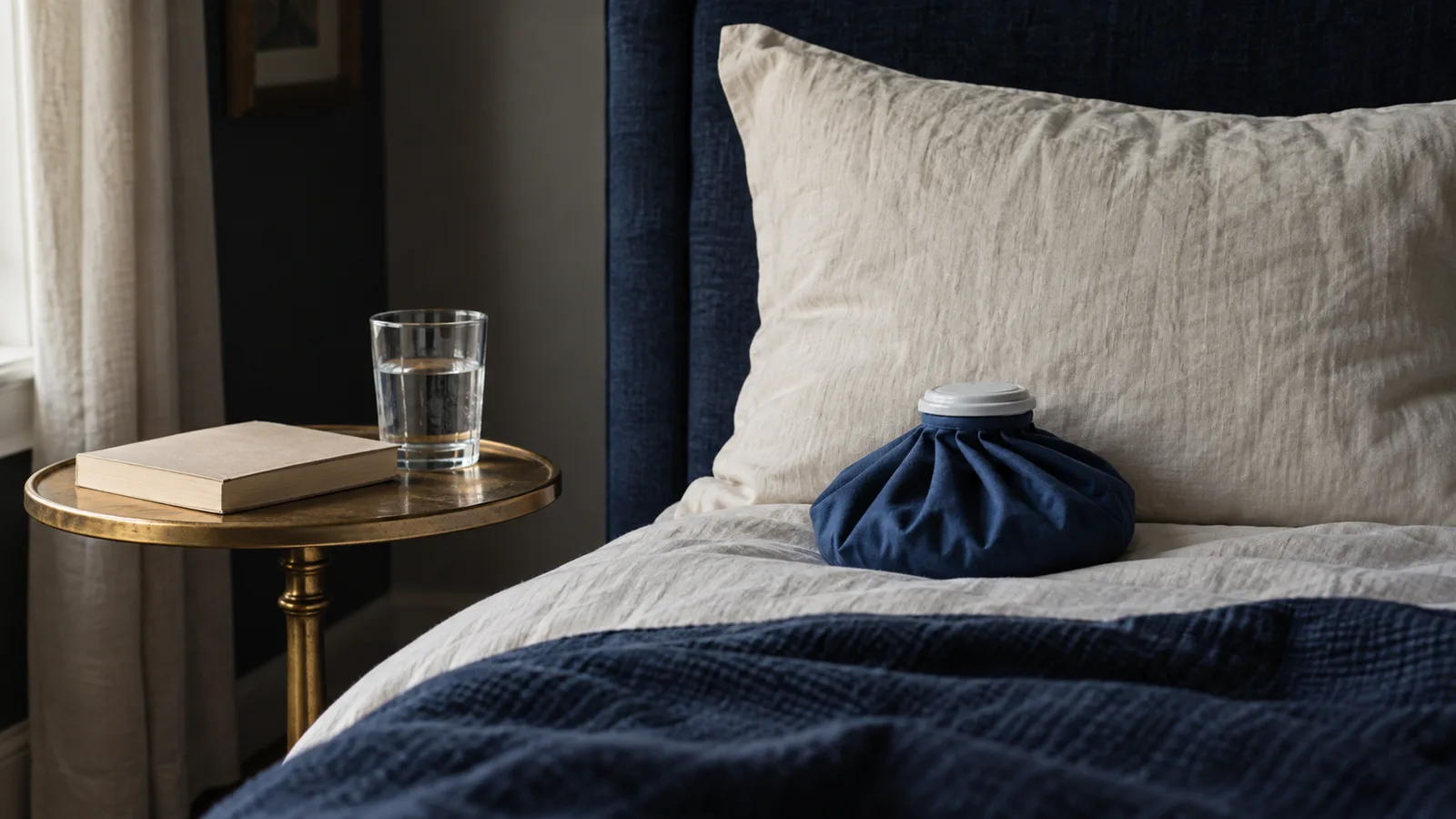 A bed with a propped pillow, an ice bag and a glass of water on the side table