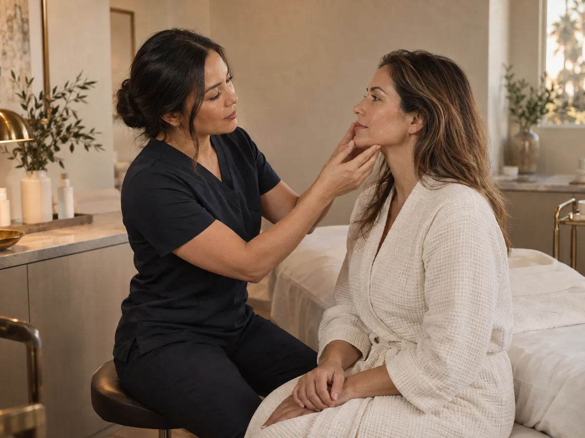 Woman in dark scrubs gently holding the jaw of a woman in a robe