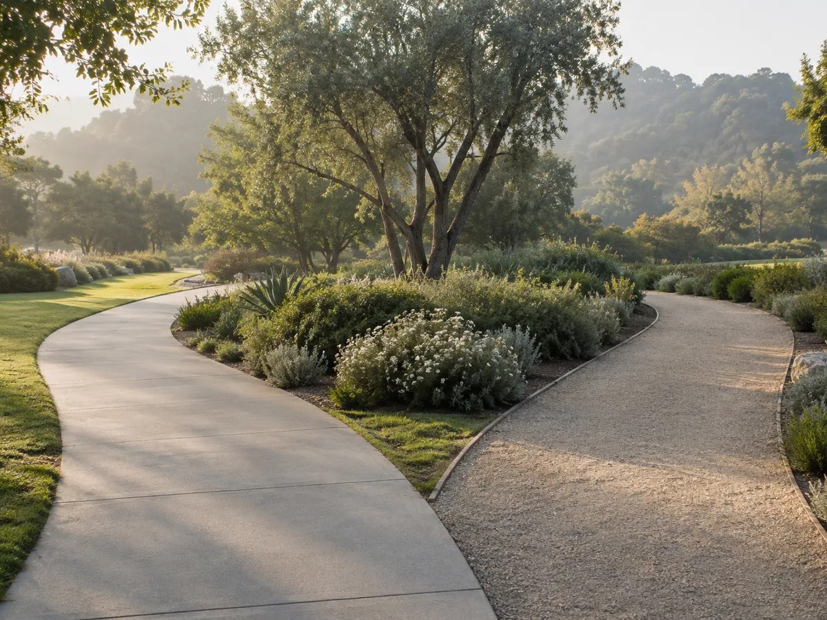 Two garden paths, one paved and one gravel, dividing in a landscaped park in morning haze