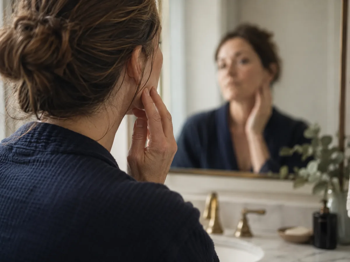A woman touches her jaw while looking into a bathroom mirror, seen from behind